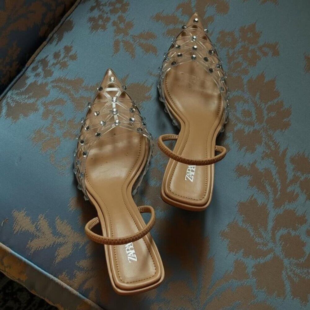 ZARA Rhinestone Slingback Heels NWT Clear Vinyl Pointed Toe Bridal Shoes Size 8 - Picture 13 of 16